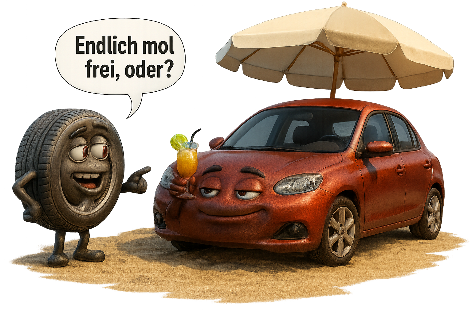 Zwei Autos am Strand mit Getränk